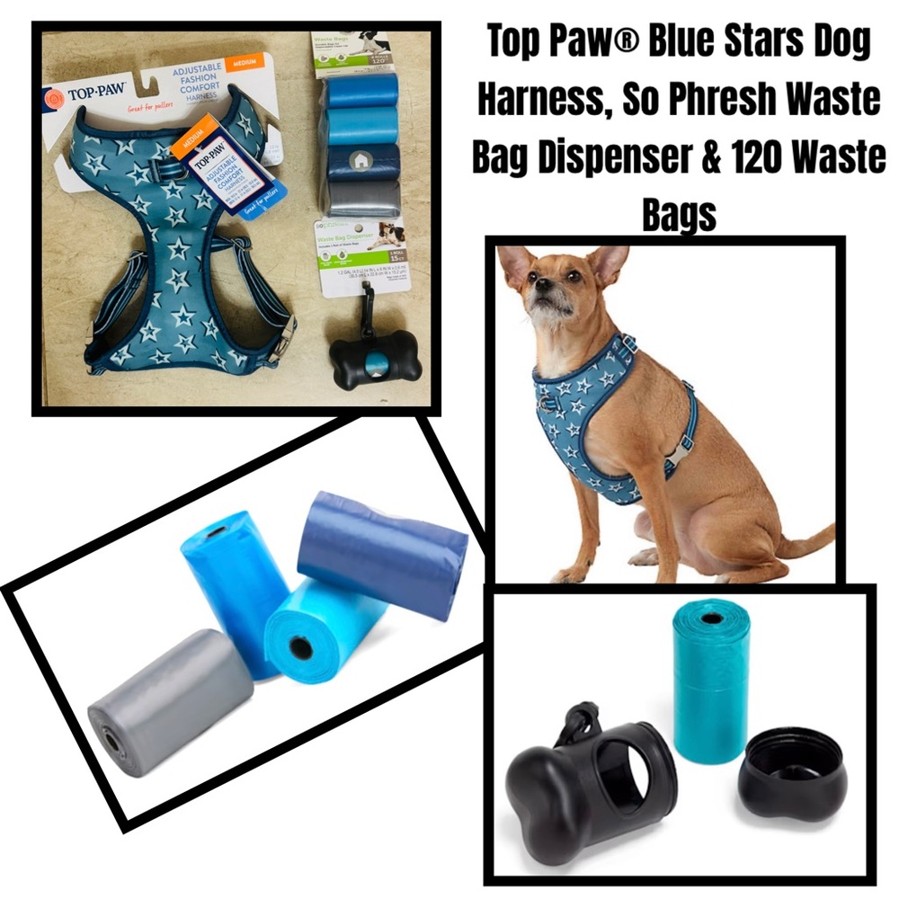 Top Paw® Blue Stars Dog Harness, So Phresh Waste Bag Dispenser & 120 Waste Bags